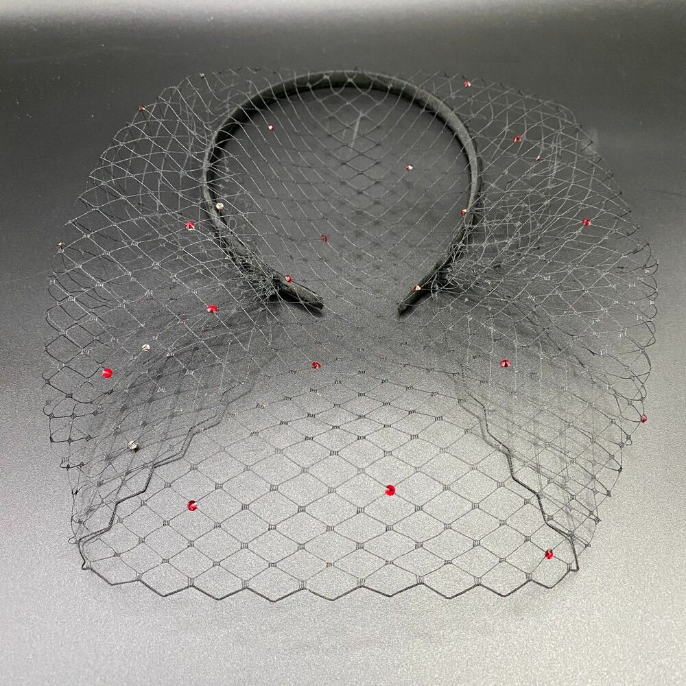 Black Birdcage Veil on Satin Covered Headband with Red Crystals
